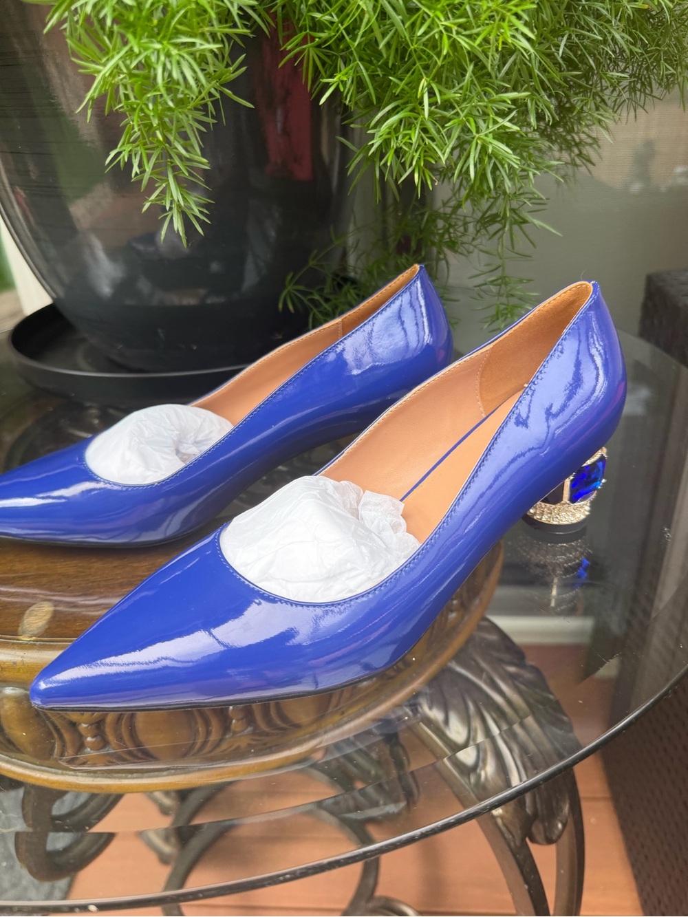 Adolfo Dominguez Cobalt Patent Pointed-Toe Heels with Jewel-Embellished Heel